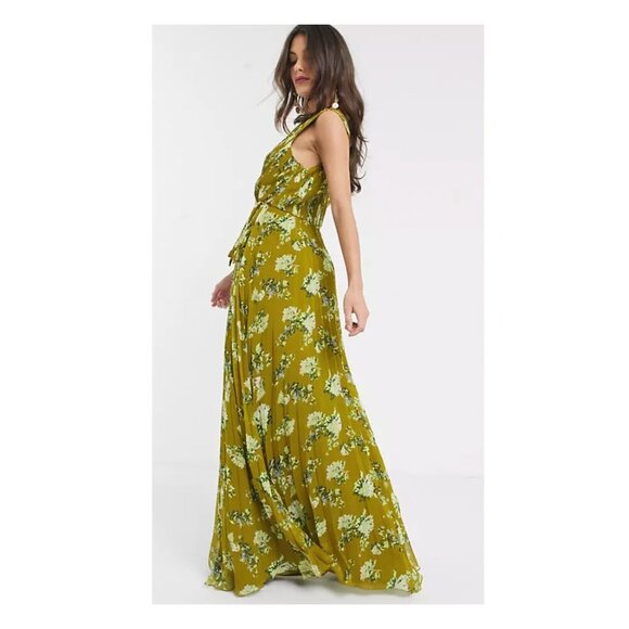 ASOS DESIGN Pleated Wrap Maxi Dress with Tie Waist in Green Floral - Picture 2 of 12